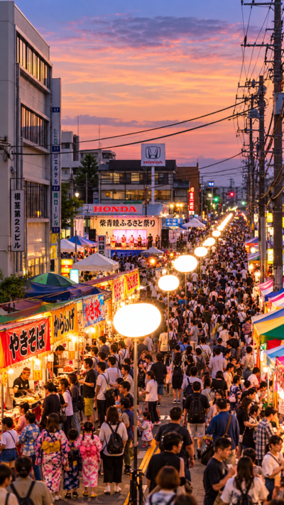 天王台北口大通りに模擬店やステージが並び多くの来場者で賑わう柴青睦ふるさと祭りの風景
