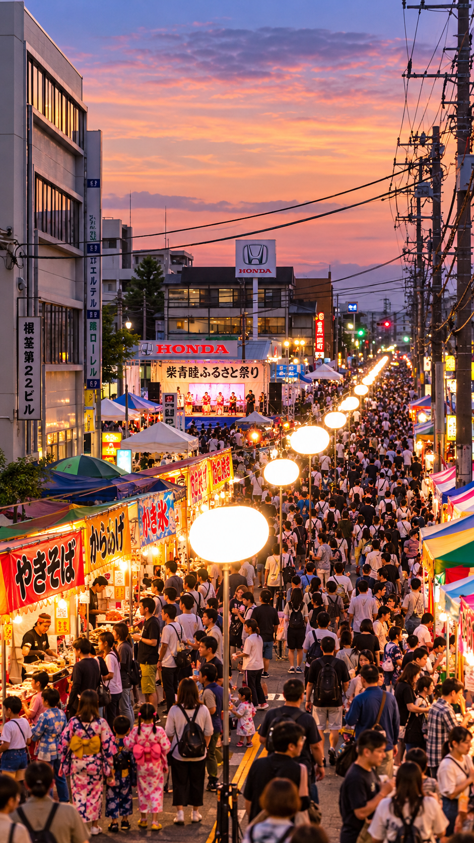 天王台北口大通りに模擬店やステージが並び多くの来場者で賑わう柴青睦ふるさと祭りの風景