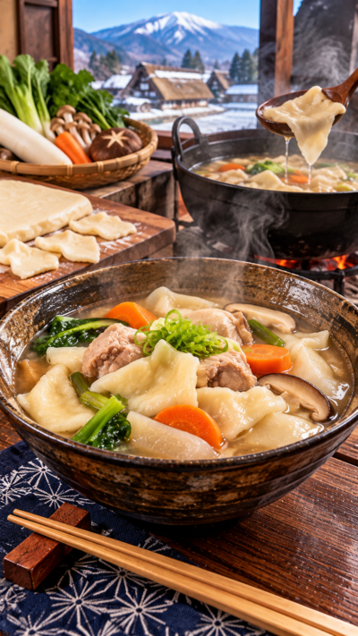 岩手県に伝わる郷土料理、小麦粉を練った生地を手でちぎり鶏肉や野菜などと一緒に煮込んだひっつみ