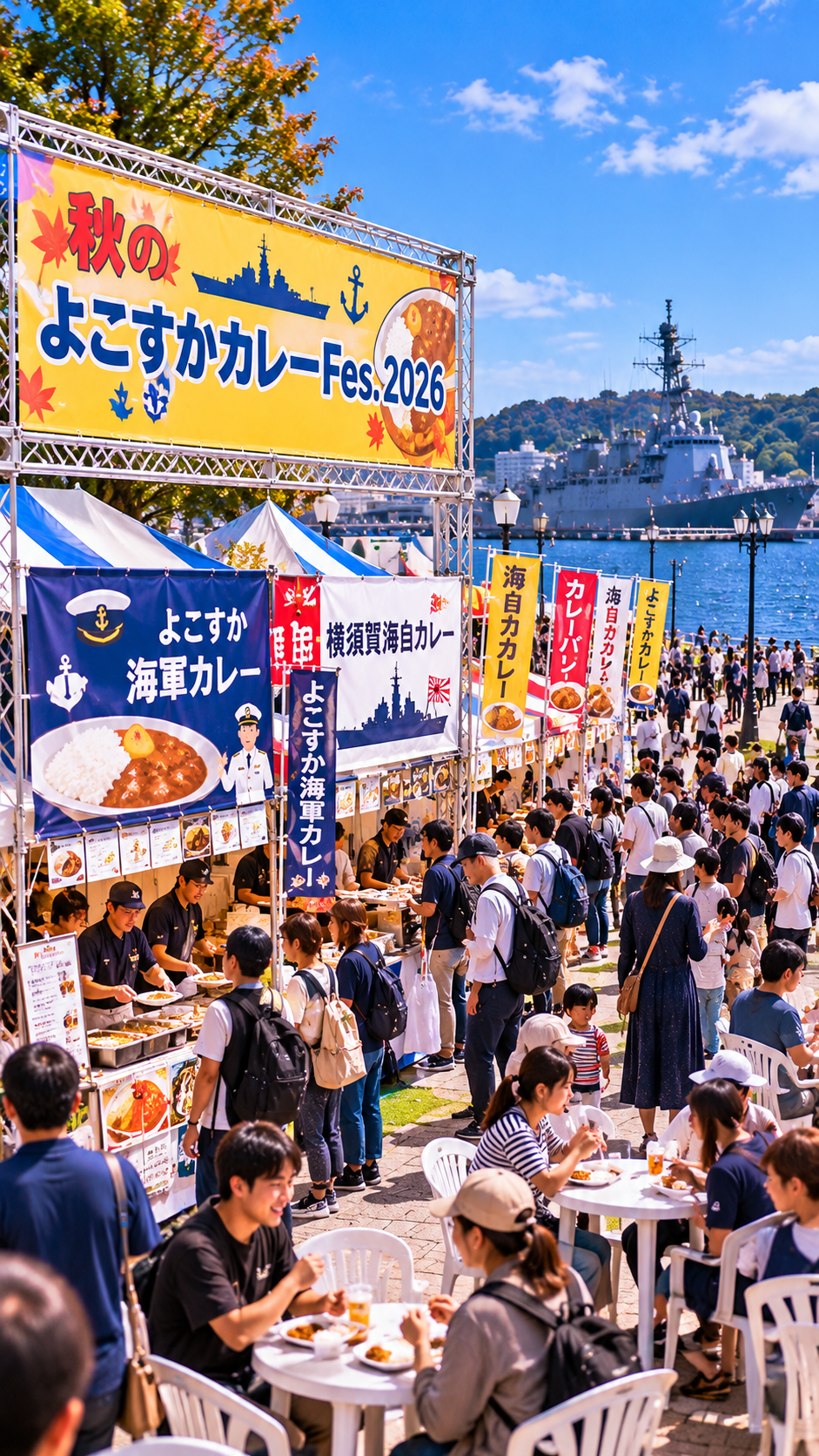 ヴェルニー公園に横須賀海軍カレーや横須賀海自カレーなどのグルメブースが並び多くの来場者で賑わう秋のよこすかカレーFes.2026の風景