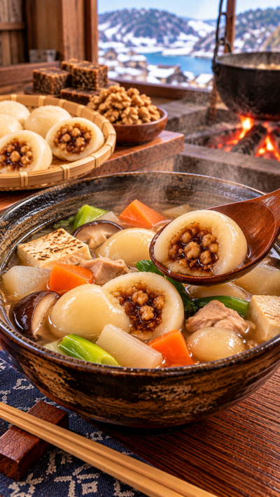 岩手県久慈市周辺に伝わる郷土料理、くるみと黒糖を包んだ団子を焼き豆腐や野菜とだし汁で煮込んだまめぶ汁