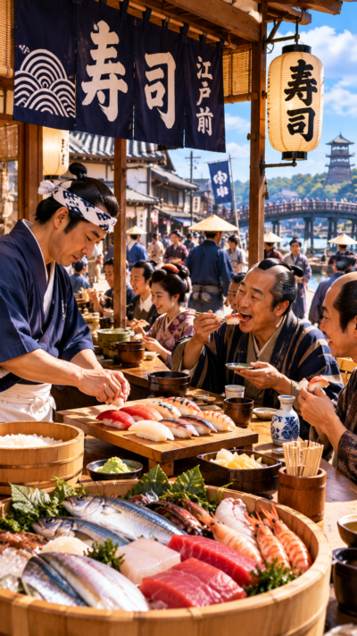 江戸時代の寿司屋で職人が江戸前の魚介を使った握り寿司を作り庶民が味わう江戸前寿司の風景