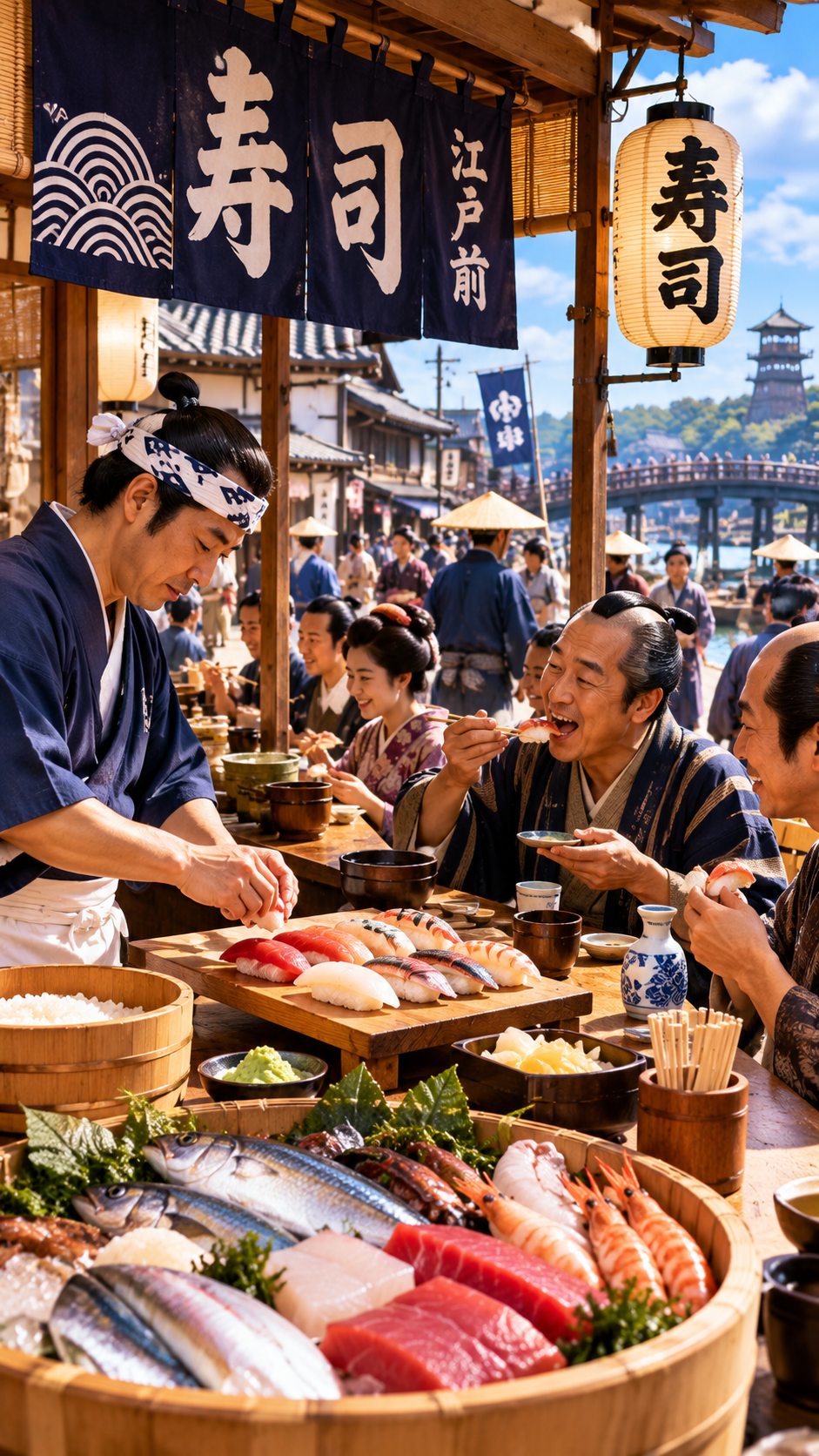 江戸時代の寿司屋で職人が江戸前の魚介を使った握り寿司を作り庶民が味わう江戸前寿司の風景