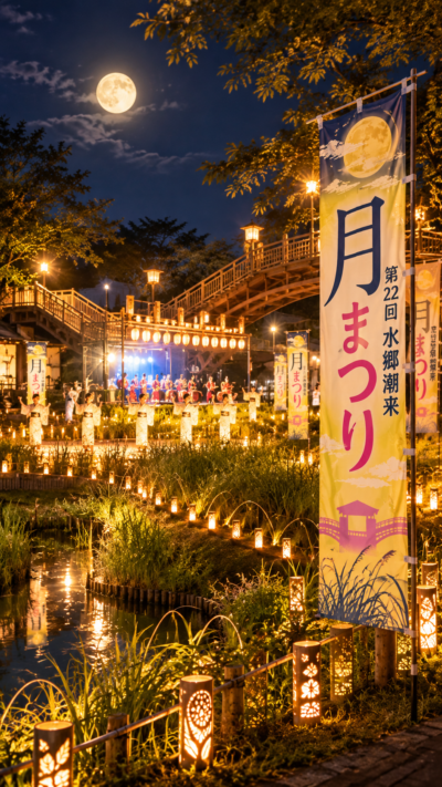 茨城県潮来市の水郷潮来あやめ園で開催される第22回水郷潮来月まつりで、竹あかりや音楽、水辺の風景を来場者が楽しむ秋の夕暮れ