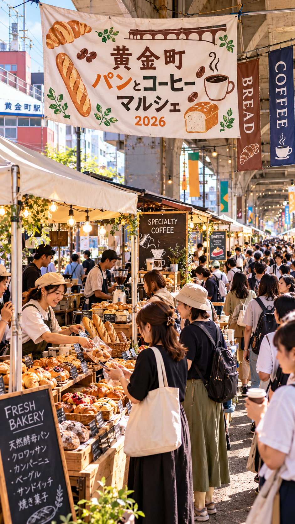 黄金町駅から日ノ出町駅間の高架下にパンやコーヒー、スイーツなどの店舗が並び多くの来場者で賑わう黄金町 パンとコーヒーマルシェ2026の風景