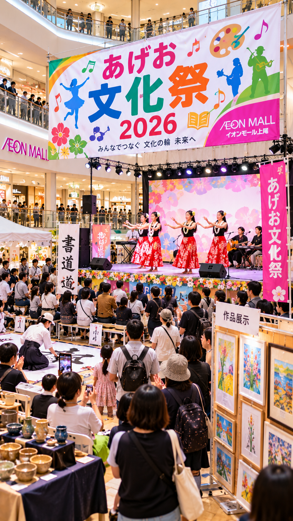 イオンモール上尾にステージや文化イベントの会場が設けられ多くの来場者で賑わうあげお文化祭2026の風景