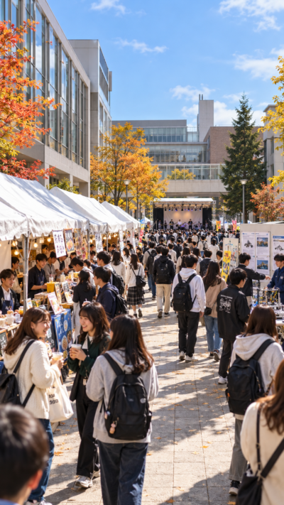 北海道札幌市の北海学園大学山鼻キャンパスで工学祭が開催され、学生による模擬店やステージ、音楽ライブ、工学系の研究展示などが行われ、多くの来場者で賑わう秋の大学祭の風景