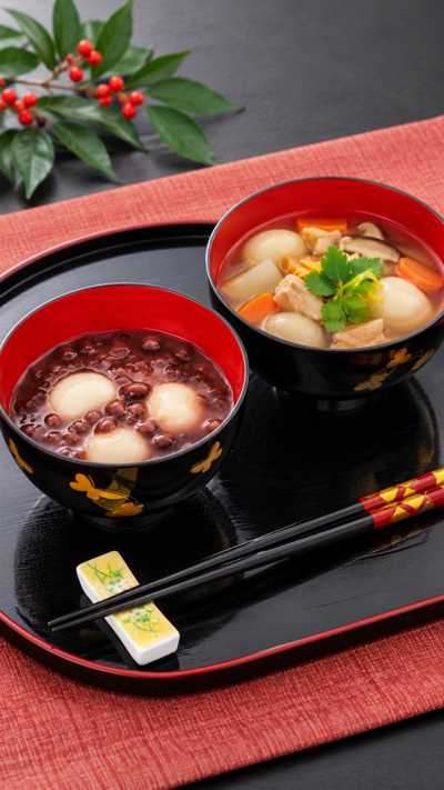 岩手県南地域に伝わる郷土料理、米粉で作った団子を小豆粥や汁に入れて味わう果報だんご