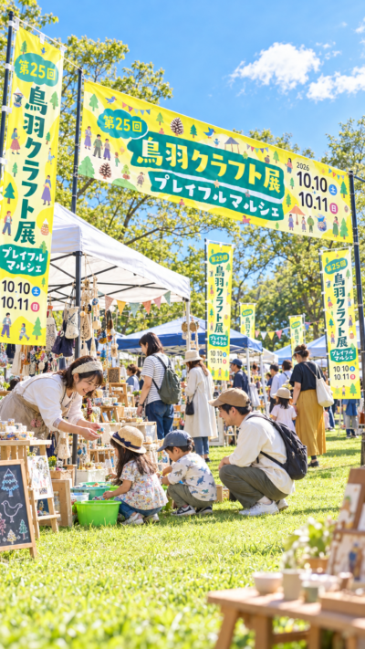三重県鳥羽市の鳥羽市民の森公園にクラフト作品や雑貨のブース、キッチンカーが並び多くの来場者でにぎわう第25回鳥羽クラフト展＋プレイフルマルシェの風景