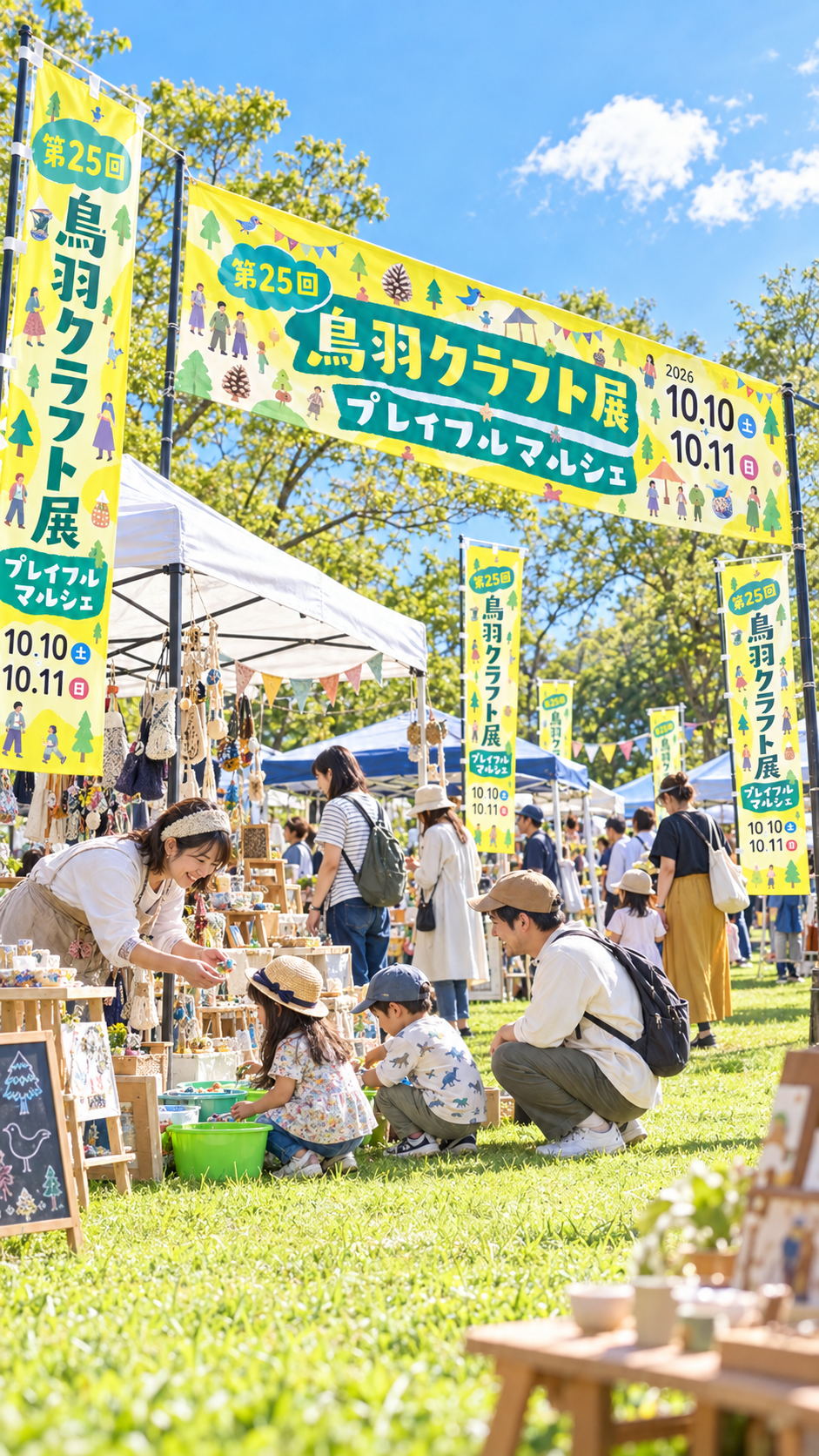三重県鳥羽市の鳥羽市民の森公園にクラフト作品や雑貨のブース、キッチンカーが並び多くの来場者でにぎわう第25回鳥羽クラフト展＋プレイフルマルシェの風景