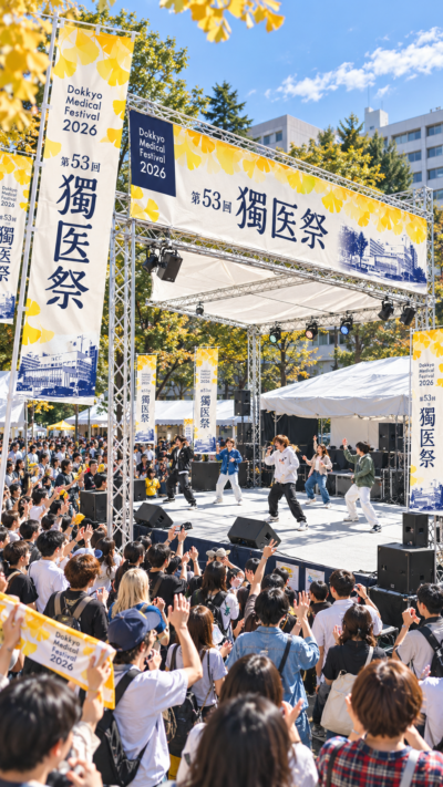栃木県壬生町の獨協医科大学キャンパスに模擬店や展示ブースが並び多くの学生や来場者でにぎわう獨医祭2026の風景
