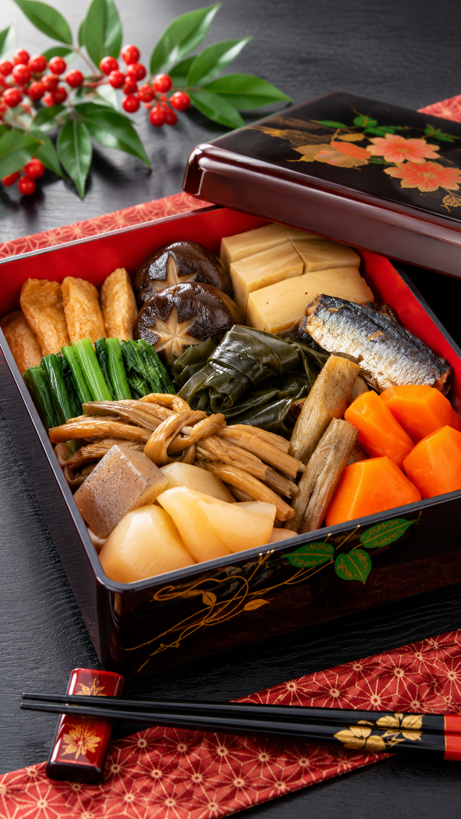 岩手県に伝わる郷土料理、根菜やこんにゃく、しいたけなどをだし汁やしょうゆでじっくり煮込んだ煮しめ