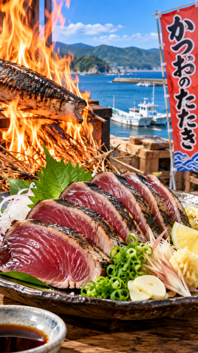 脂ののった戻り鰹を藁焼きにした高知県の郷土料理・鰹のたたき