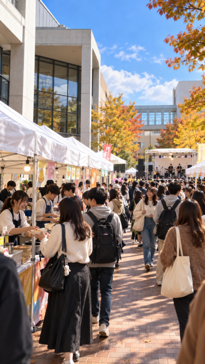 青森県青森市の青森公立大学で大学祭が開催され、学生による模擬店やステージ、音楽ライブ、展示などが行われ、多くの来場者で賑わう秋の大学祭の風景