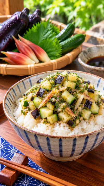 山形県に伝わる郷土料理、なすやきゅうり、みょうが、大葉などの夏野菜を細かく刻んでしょうゆなどで味付けしただし