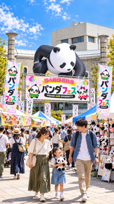 茨城県日立市の日立シビックセンター新都市広場で開催される第4回パンダフェス2026で、巨大パンダやパンダグッズ、グルメ、ステージを大勢の来場者が楽しむ会場風景