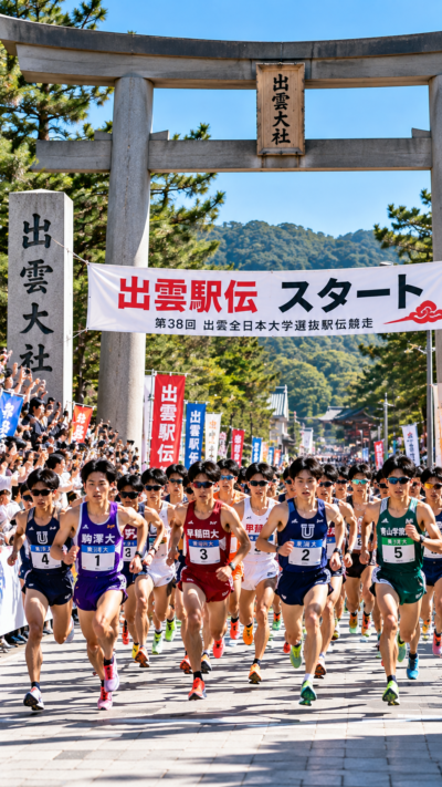 出雲大社正面鳥居前を大学駅伝の選手たちが一斉にスタートし出雲市街へ向かって走る出雲駅伝2026 1区の風景