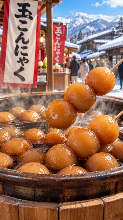 山形県に伝わる郷土料理、丸いこんにゃくをだしやしょうゆなどで煮込んで串に刺した玉こんにゃく