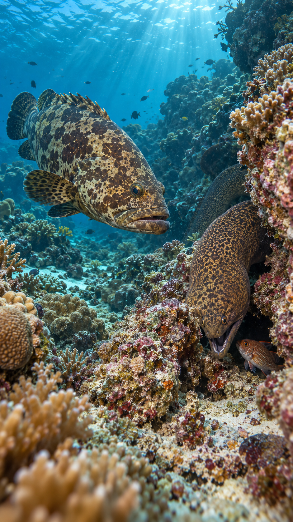サンゴ礁でアカマダラハタとドクウツボが協力し岩穴に隠れた魚を追い詰める異種間協同狩猟