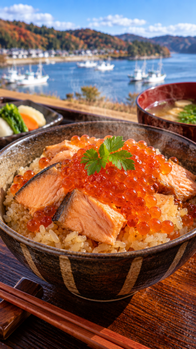 宮城県南部に伝わる郷土料理、鮭の煮汁で炊いたご飯に鮭の身とはらこをのせたはらこ飯