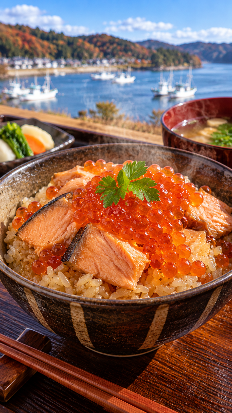 宮城県南部に伝わる郷土料理、鮭の煮汁で炊いたご飯に鮭の身とはらこをのせたはらこ飯