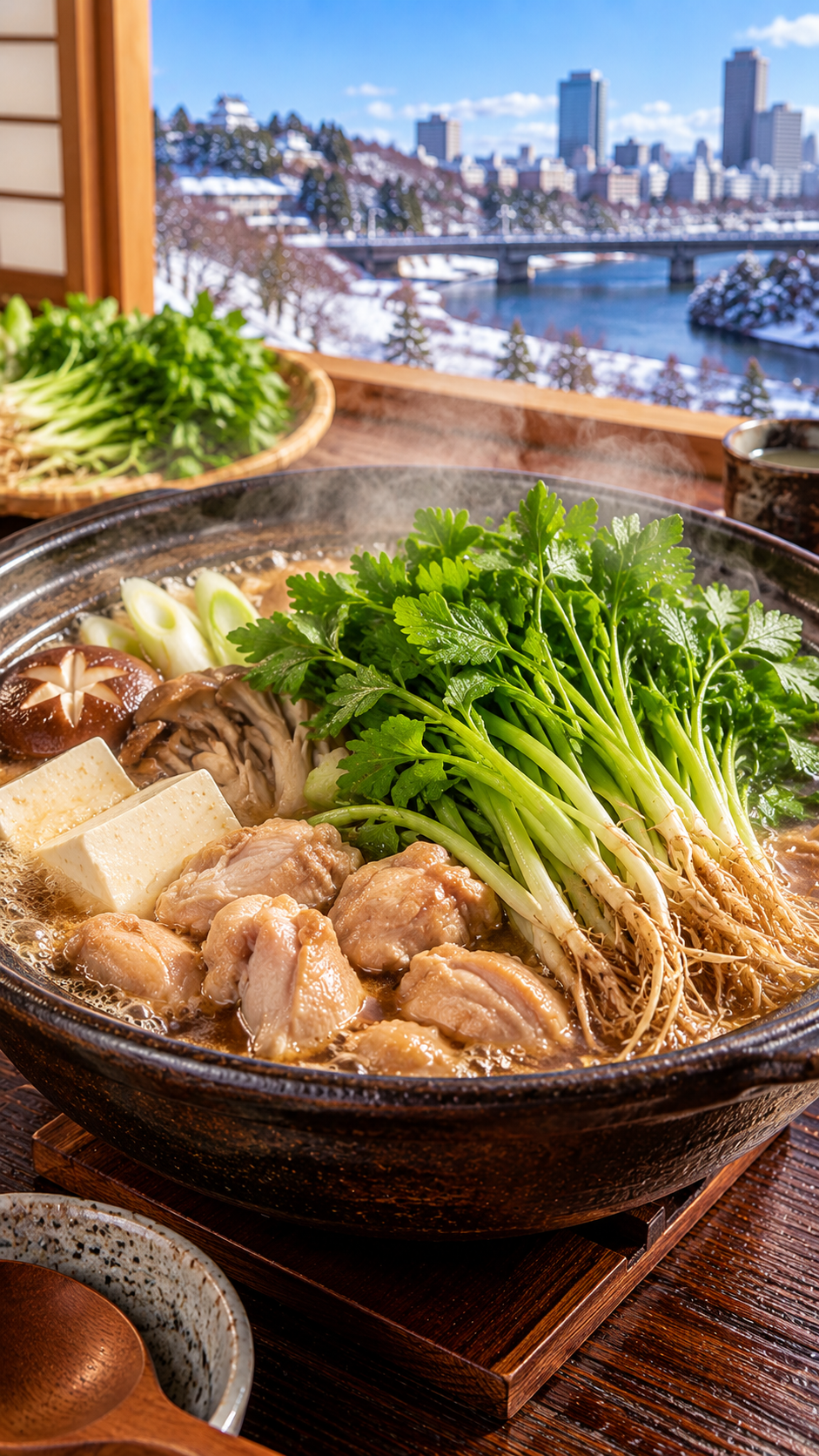 宮城県仙台市周辺で親しまれている郷土料理、せりを鶏肉や豆腐などとだし汁で煮込んだせり鍋