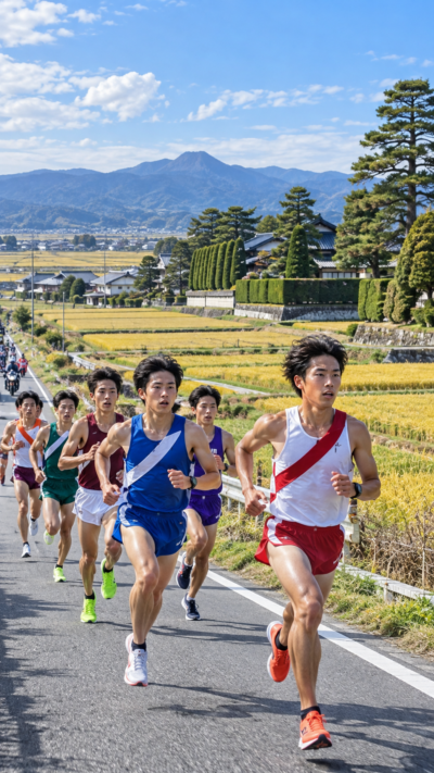 出雲平野の田園と築地松が並ぶ風景の中を大学駅伝の選手が駆け抜ける出雲駅伝