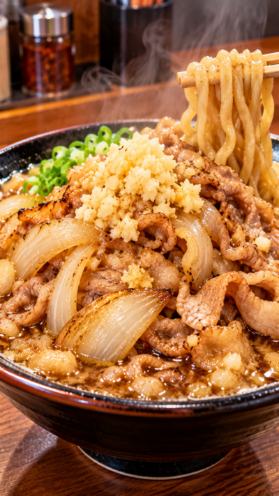 豚肉と玉ねぎ、ニンニクがたっぷり入った濃厚なスタ満ソバ