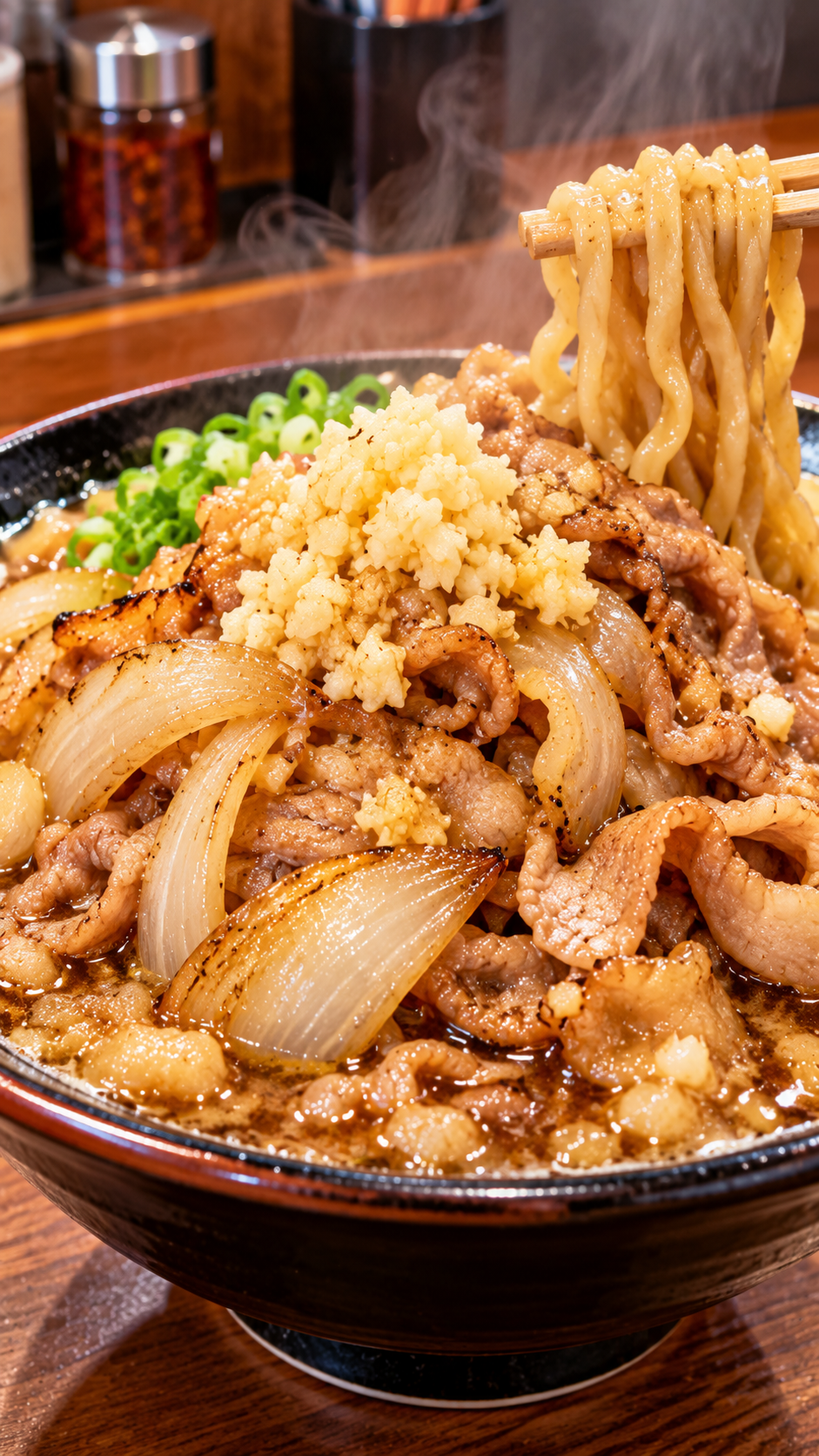 豚肉と玉ねぎ、ニンニクがたっぷり入った濃厚なスタ満ソバ