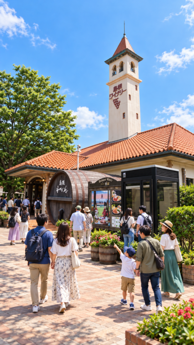 出雲駅伝のコース周辺にある島根ワイナリーでワイン醸造施設や島根ワインを楽しむ観光客の風景