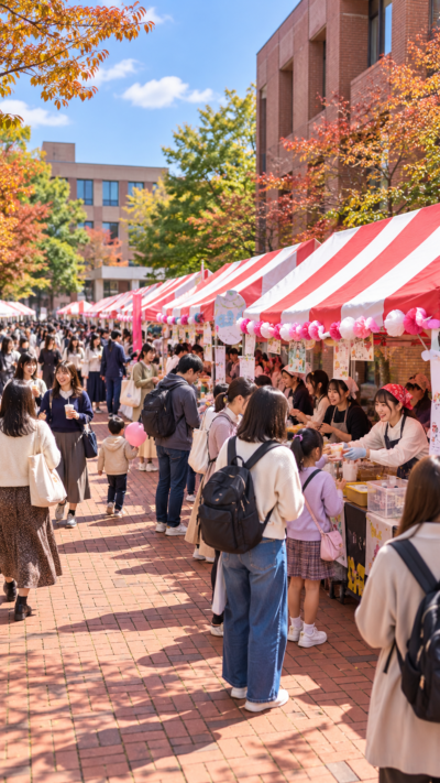 宮城県仙台市青葉区の宮城学院女子大学で大学祭が開催され、学生による模擬店やステージ、音楽ライブ、展示などが行われ、多くの来場者で賑わう秋の大学祭の風景