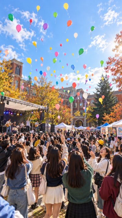 宮城県名取市の尚絅学院大学で尚志祭が開催され、学生による模擬店やステージ、音楽ライブ、展示などが行われ、多くの来場者で賑わう秋の大学祭の風景