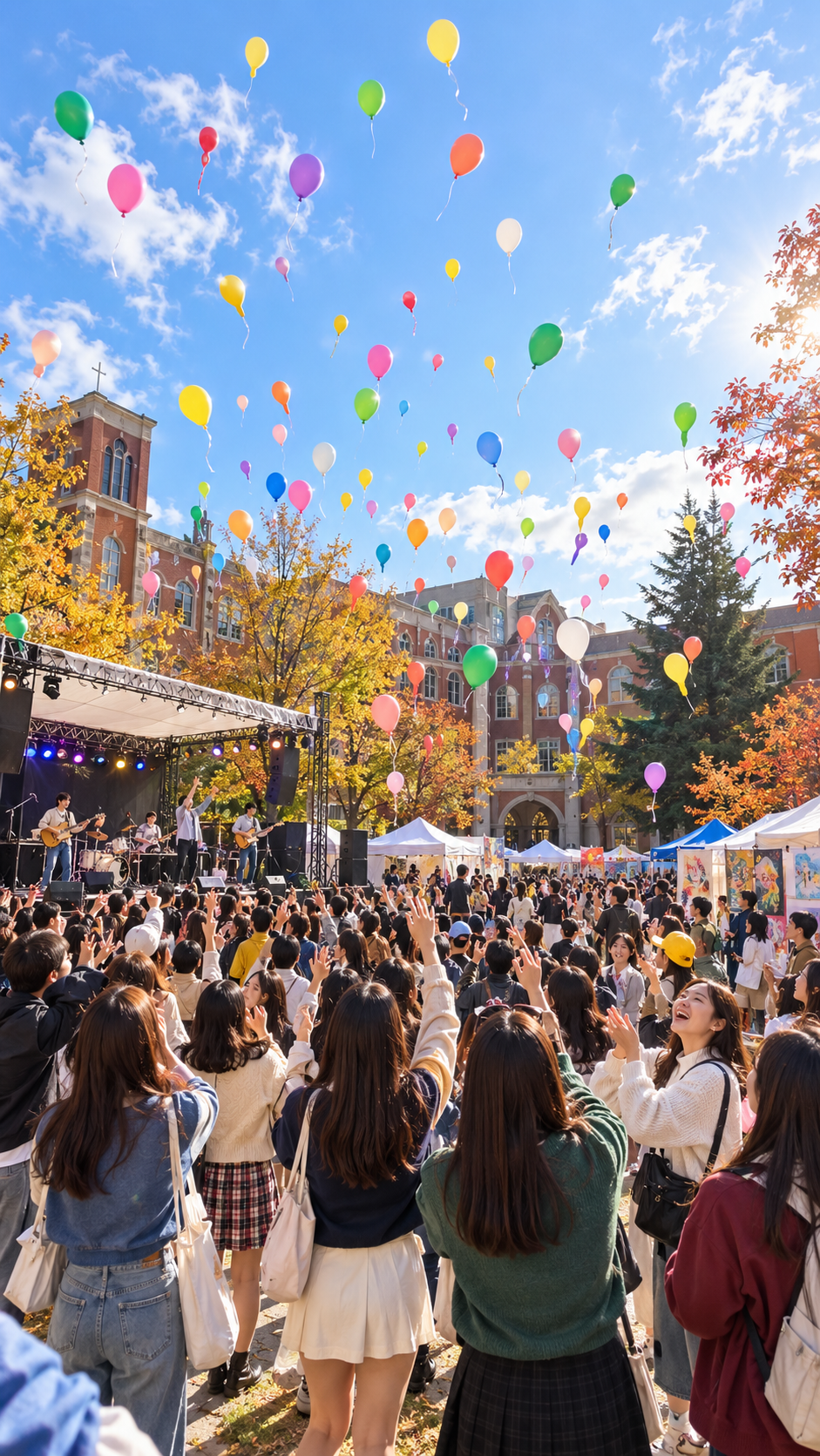 宮城県名取市の尚絅学院大学で尚志祭が開催され、学生による模擬店やステージ、音楽ライブ、展示などが行われ、多くの来場者で賑わう秋の大学祭の風景