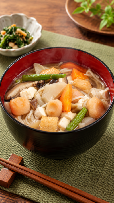 宮城県に伝わる郷土料理、野菜や豆腐、油揚げなどをだし汁で煮込みとろみをつけたおくずかけ