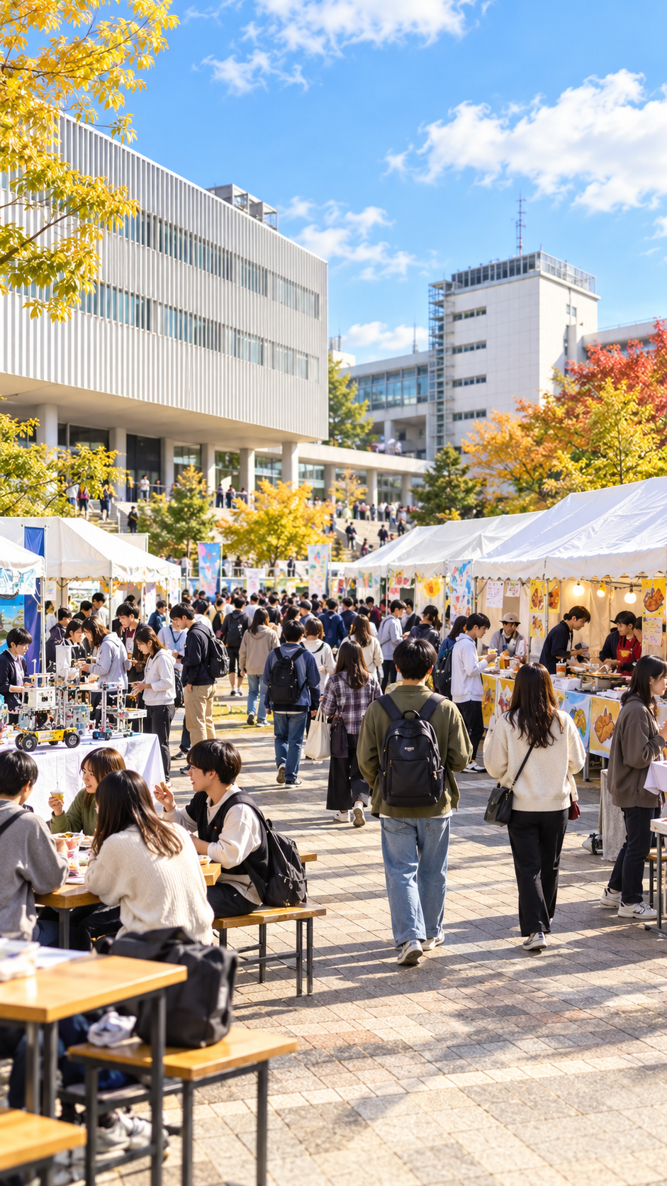 宮城県仙台市の東北工業大学で工大祭が開催され、学生による模擬店やステージ、音楽ライブ、工学やものづくりに関する研究展示などが行われ、多くの来場者で賑わう秋の大学祭の風景