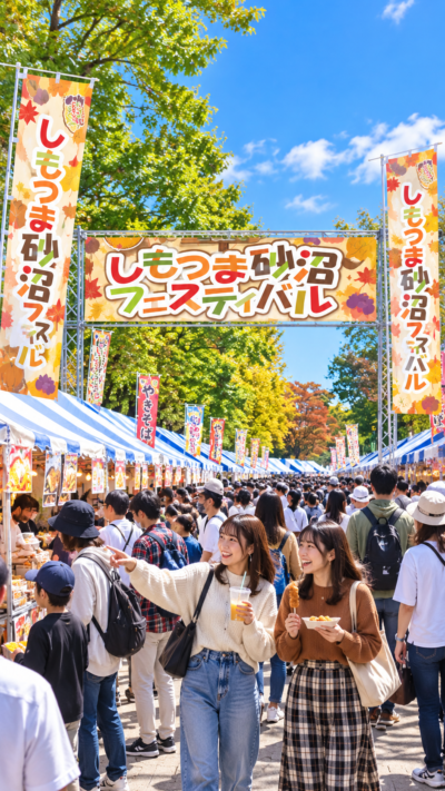 茨城県下妻市の砂沼広域公園・観桜苑周辺で開催される笑顔満祭2026 砂沼フレンドリーフェスティバルで、グルメやステージを大勢の来場者が楽しむ秋の会場風景