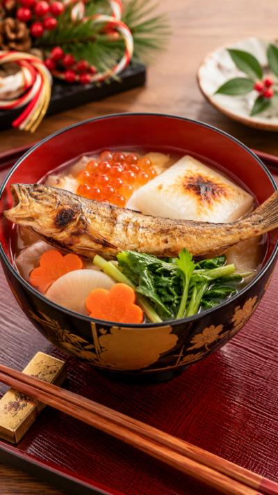宮城県仙台市周辺に伝わる郷土料理、焼きハゼのだしに大根やにんじん、せりなどと焼き餅を合わせた仙台雑煮
