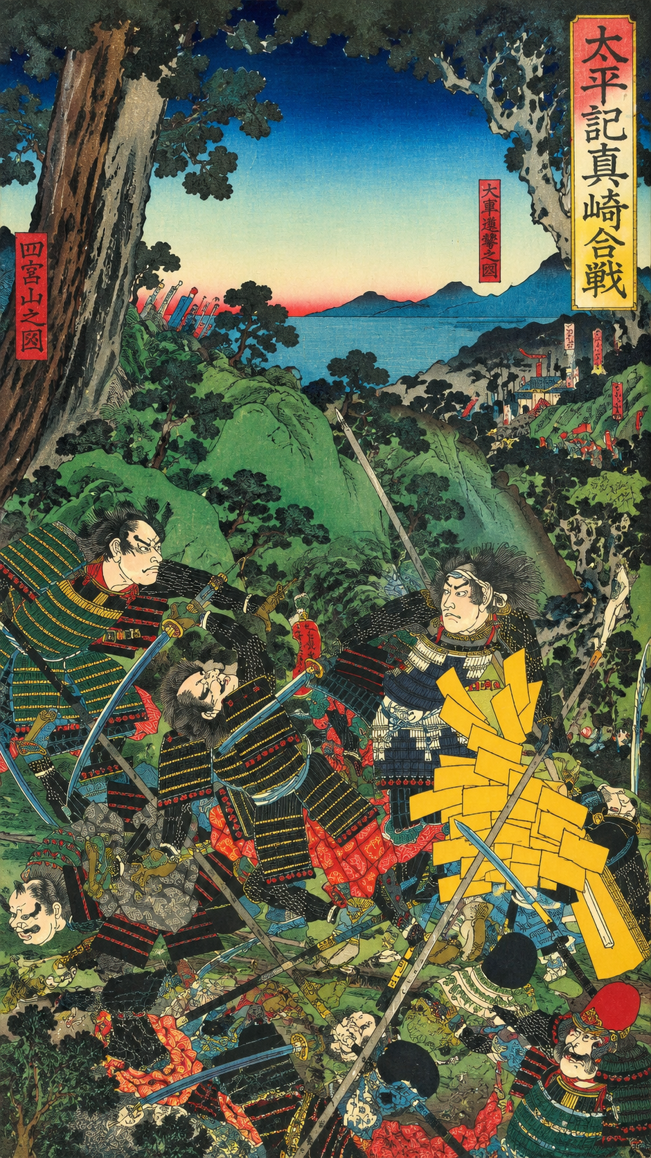 伊勢長島で織田軍と一向宗門徒が激突する長島一向一揆を描いた色鮮やかな日本の歴史的合戦図