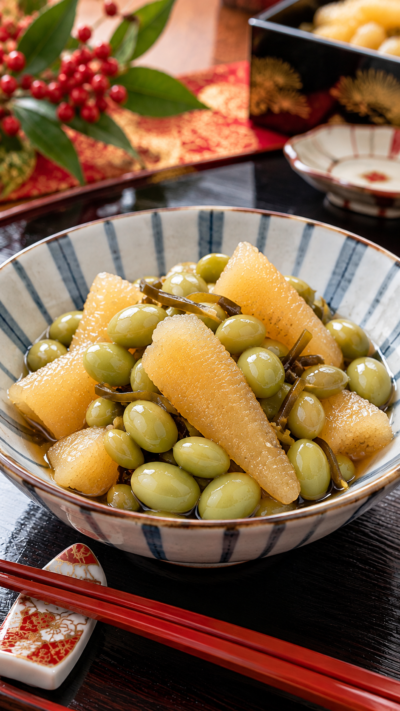 福島県に伝わる郷土料理、ひやし豆と数の子を合わせただしの風味豊かな豆数の子