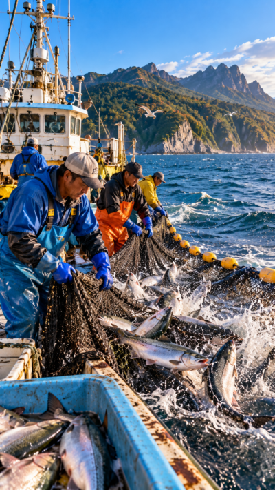 北海道・知床の海でサケ漁を行う漁師と漁船の風景