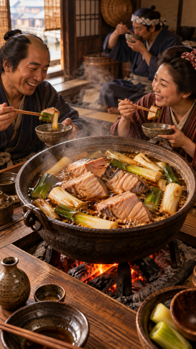 江戸時代の庶民料理ねぎま鍋を再現した、マグロの脂身と長ネギを醤油仕立ての鍋で煮込む様子