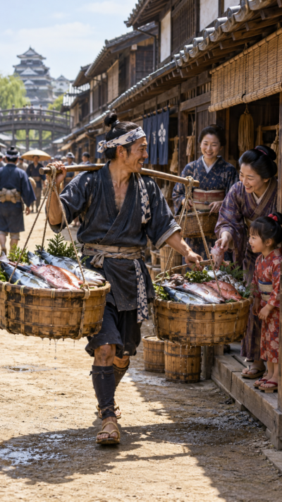 江戸時代の町で、天びん棒やかごを使って魚を売り歩く行商人の様子