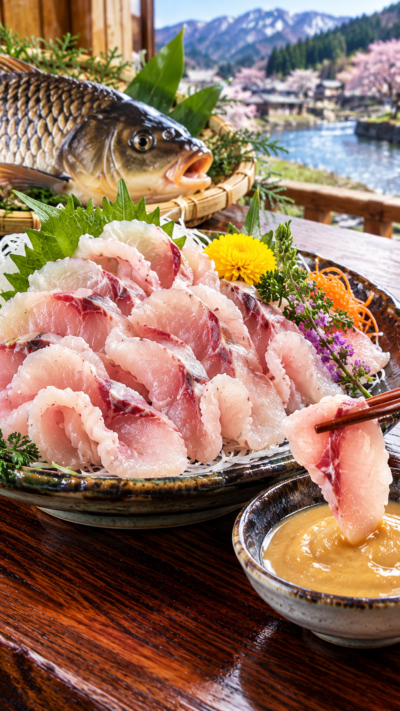 福島県に伝わる郷土料理、薄切りにした鯉の身を熱湯にくぐらせて冷水で締め、酢味噌で味わう鯉のあらい