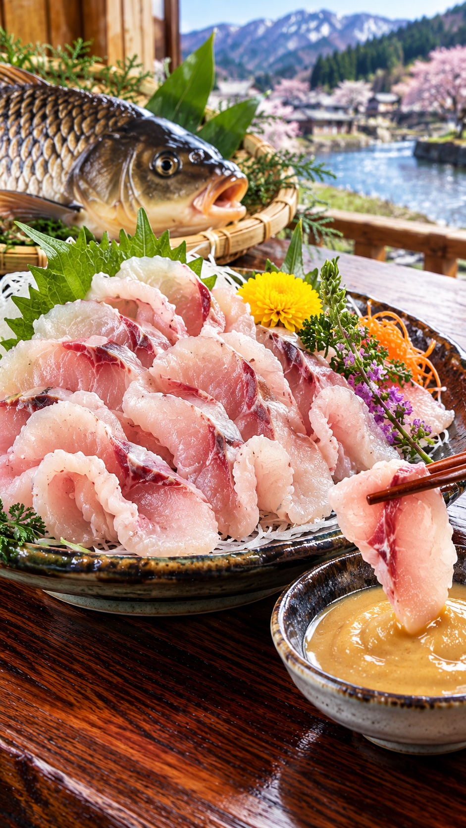 福島県に伝わる郷土料理、薄切りにした鯉の身を熱湯にくぐらせて冷水で締め、酢味噌で味わう鯉のあらい