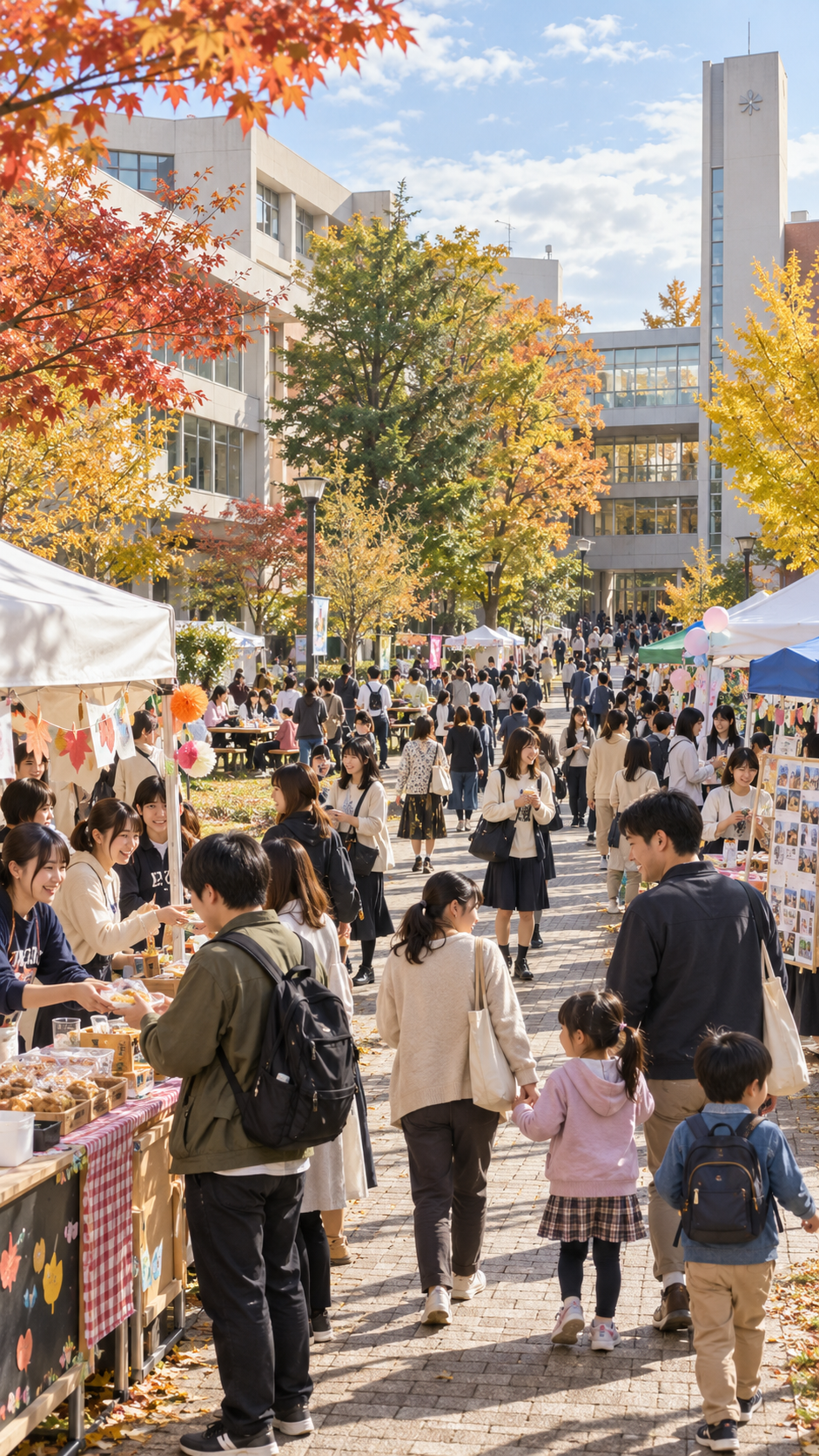 東京都小平市の白梅学園大学・白梅学園短期大学で開催される白梅祭2026で、学生たちによる模擬店や展示企画が並び、多くの学生や親子連れ、地域住民が秋の学園祭を楽しむキャンパスの風景