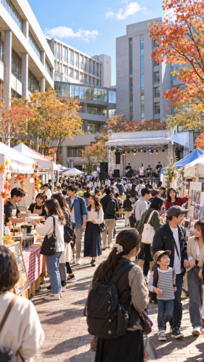 東京都世田谷区の日本大学三軒茶屋キャンパスで開催される三茶祭2026で、学生たちによる模擬店や展示企画、ステージイベントが行われ、多くの学生や家族連れ、地域住民で賑わう秋の学園祭の風景
