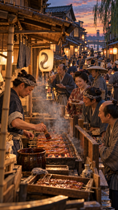 江戸時代の江戸の町角で、職人が木造の屋台に設けた炭火の焼き台で串に刺したうなぎの蒲焼を焼き、香ばしい煙が立ちのぼる中、町人や職人たちが焼きたてのうなぎを買い求める風景