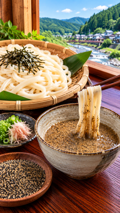 福島県鮫川村に伝わる郷土料理、炒ってすりつぶしたえごまに味噌や砂糖、しょうゆを合わせ、冷たい​​うどんをつけて味わうじゅうねん冷やだれ
