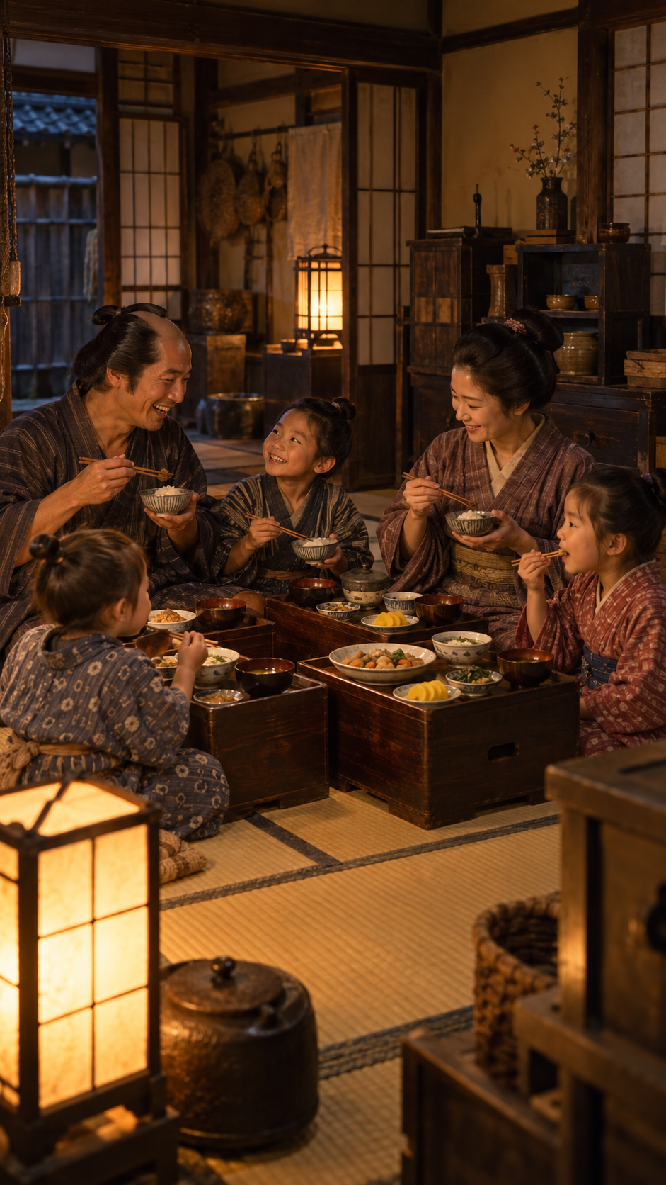江戸時代の江戸の長屋で、一日の仕事を終えた町人の家族が、木製の箱膳に並べた冷や飯の茶漬けやたくあん、野菜の煮物などを囲み、行灯の明かりの下で夕食を楽しむ風景