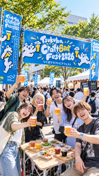 茨城県つくば市のつくばセンター広場で開催されるつくばクラフトビアフェスト2026で、全国のクラフトビールやフードを多くの来場者が楽しむ会場風景